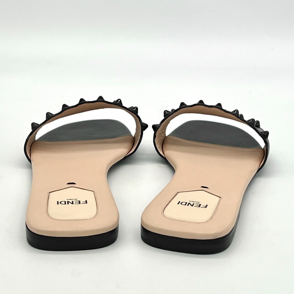 Fendi Sandalo Vitello Borchie Sz 41 Flat Studded Slide Black Navy W Bag $550 - Picture 6 of 9
